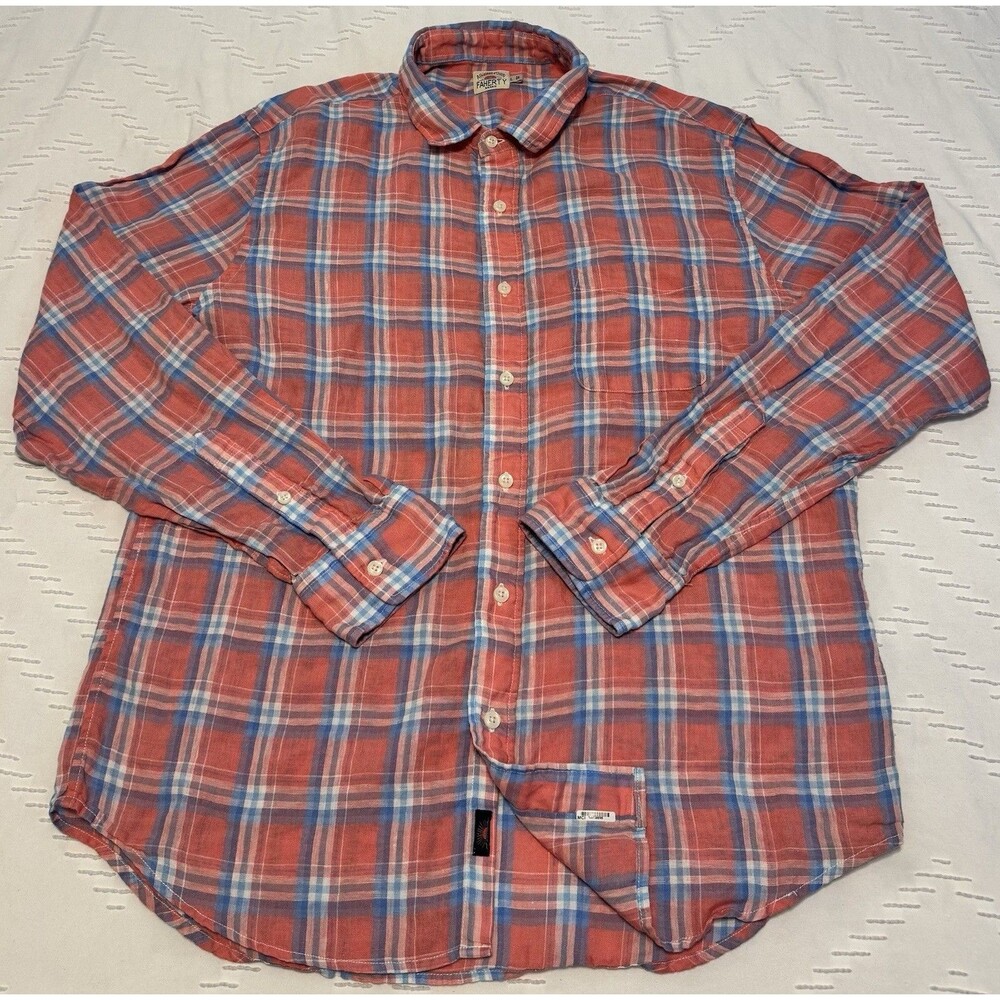 Faherty Linen Laguna Shirt Men’s Large Pink Blue Plaid Long Sleeve Button Up